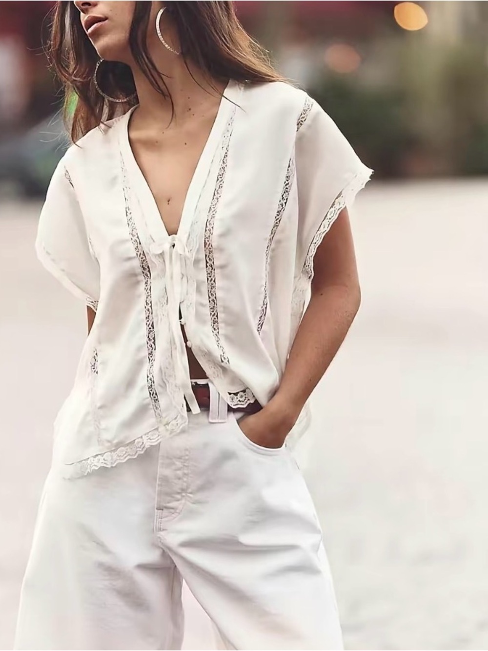 White Lace-Trim Tie-Front Blouse - Women Tops